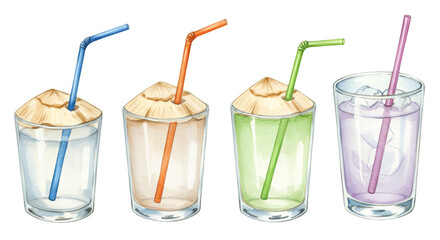 Watercolor Illustration Of Coconut Drinks With Colorful Straws In Transparent Glass