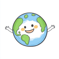 Cheerful cartoon Earth with happy face and outstretched arms embraces world with joy and peace