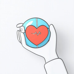 Cartoon hand gently cradles vibrant blue globe, adorned with red heart and pulsating rhythm. Emphasizing global health