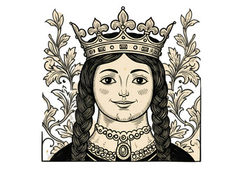 Vintage Queen Illustration With Crown Isolated On Transparent Background