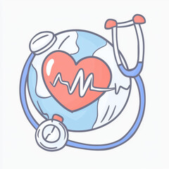 Vibrant illustration of heart with ECG on globe, encircled by stethoscope, depicting global health, hope, and care