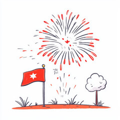 Vibrant fireworks explode above red flag, symbolizing patriotic celebration and festive joy in cheerful outdoor setting