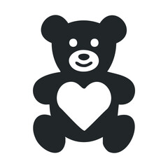 Cute black teddy bear with heart-shaped belly icon on white background