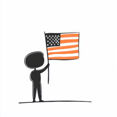 Solitary figure proudly holds stylized American flag featuring orange and black stripes against clean white background