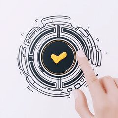 Human hand pressing digital interface button with yellow checkmark, symbolizing successful completion and happy confirmation