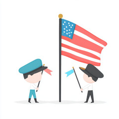American flag proudly waves during patriotic ceremony. Young children honor national holiday with respectful and heartfelt