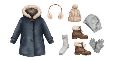 Winter Clothes Illustration Featuring Blue Coat Brown Boots and Accessories