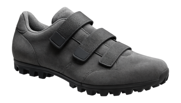 Grey suede cycling shoes with strap closure and rubberized spikes