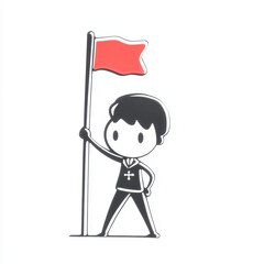 Confident cartoon character proudly holding red flag, symbolizing leadership, success, and achievement. vibrant clipart