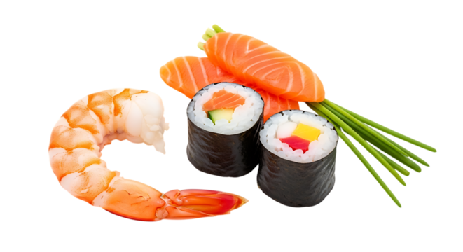 Fresh Sushi Platter: Salmon Nigiri, Maki Rolls, and Shrimp; Vibrant, Delicious, Appetising  transparent background - Powered by Adobe