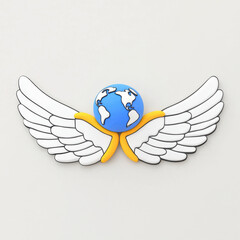 Tiny blue globe with white continent gracefully supported by expansive white wing, symbolizing global peace and freedom