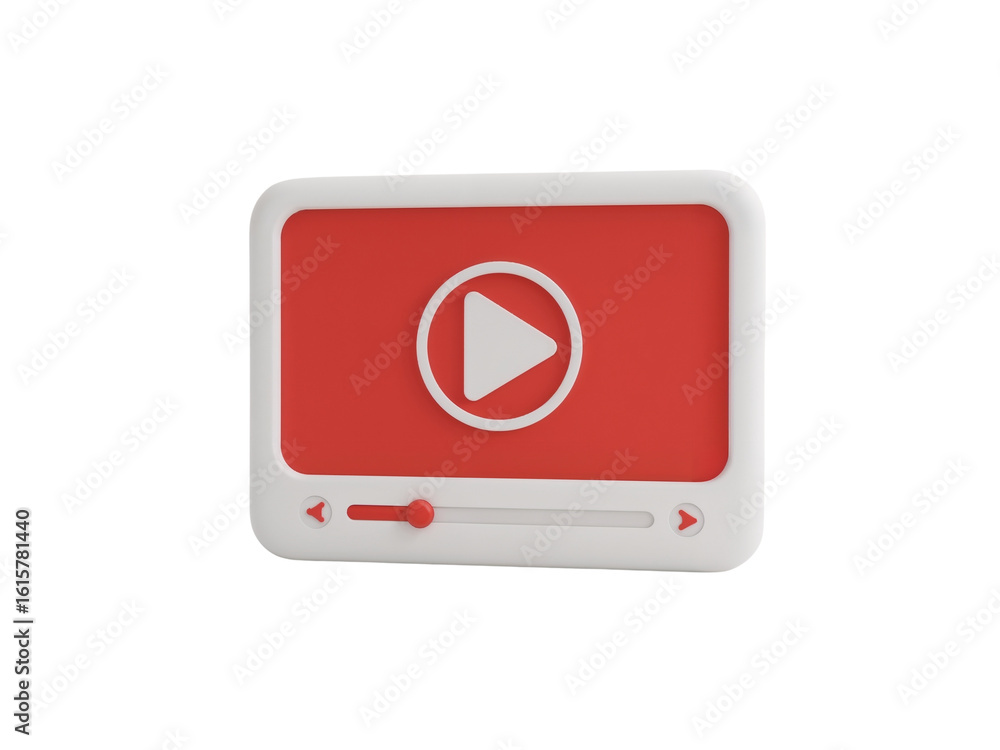 Poster play button icon displayed on a red screen with progress bar and transparent backdrop
