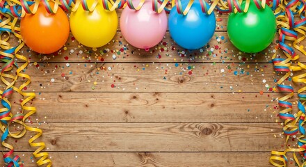 Colorful party decoration with balloons and confetti on wooden surface. This festive party decoration setup includes bright balloons and ribbons for festive events.