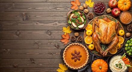 Thanksgiving dinner laid out on wooden boards, showcasing a festive spread. Thanksgiving dinner includes roast turkey, pumpkin pie, and autumn harvest vegetables for family gathering.