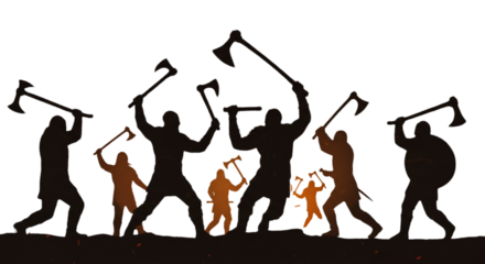 Silhouette Illustration Of Warriors With Axes Ready For Battle Against Black Background