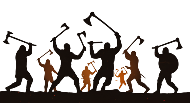 Silhouette Illustration Of Warriors With Axes Ready For Battle Against Black Background