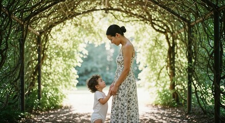 Mother and child enjoying a special Mother's Day in nature, under a natural arbor. Mother's Day is a time for connection, love, and appreciation.