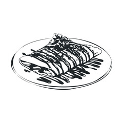 Illustration of a delicious chocolate drizzled crepe on a plate