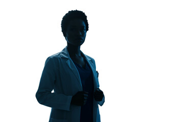 Silhouette Of A Determined Scientist Doctor Wearing White Coat On Black