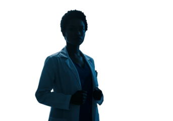 Silhouette Of A Determined Scientist Doctor Wearing White Coat On Black