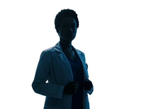 Silhouette Of A Determined Scientist Doctor Wearing White Coat On Black