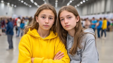 Two adolescent girls stand together in a modern, spacious setting. They look confident and relaxed. The image showcases a casual style. Perfect for themes of youth and friendship. AI