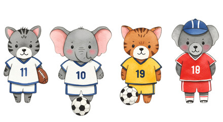 Watercolor Illustration Of Sports Animals With Uniforms And Balls PNG