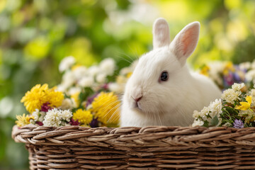 Soft white rabbit sitting comfortably in a wicker basket filled with blooming spring flowers under gentle sunlight