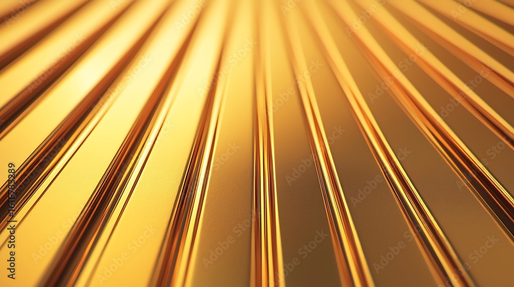 Poster close-up image of shiny golden metallic rods or bars arranged in parallel lines, reflecting light an
