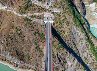 Aerial view of the Jinsha River Special Bridge in Tiger Leaping Gorge, Yunnan Province
