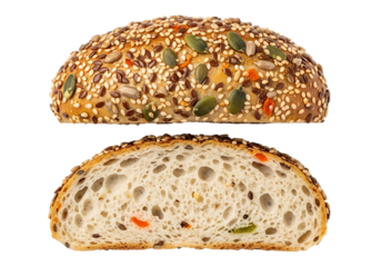 Artisan Multigrain Bread Roll, Cut in Half, Showing Seed-Encrusted Crust and Airy Interior, Studio Shot, . transparent background