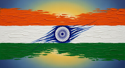 indian flag,national flag of india,tricolor flag,orange blue and white flag,flag with wheel symbol,landscape with sunset sky,water reflection effect,detailed art,digital painting