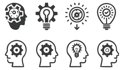 Icons Depicting Innovation Ideas and Thinking with Brains, Gears, and Lightbulbs to Represent Concepts and Creativity