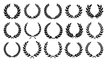 Set of 12 black laurel wreath silhouettes in classic and modern styles. Vector illustration isolated on white background for award, victory, logo, or emblem design.