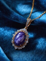 Purple Pearl Pendant on Gold Chain Against Blue Fabric