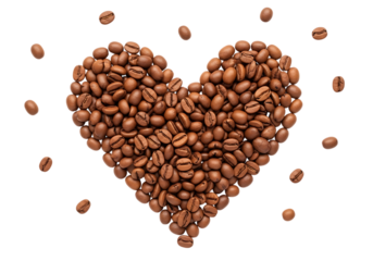 Heart-shaped arrangement of roasted coffee beans; dark background; rich, warm tones; aromatic, inviting mood  transparent background