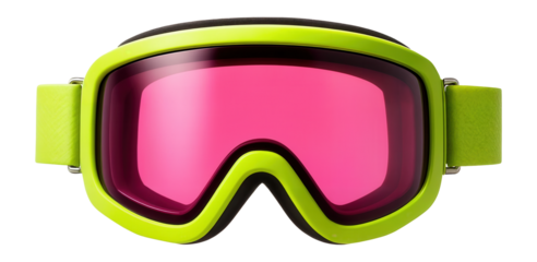 Ski goggles with a neon green frame and dual-layered pink lenses