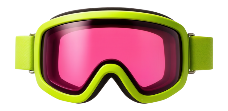 Ski goggles with a neon green frame and dual-layered pink lenses - Powered by Adobe