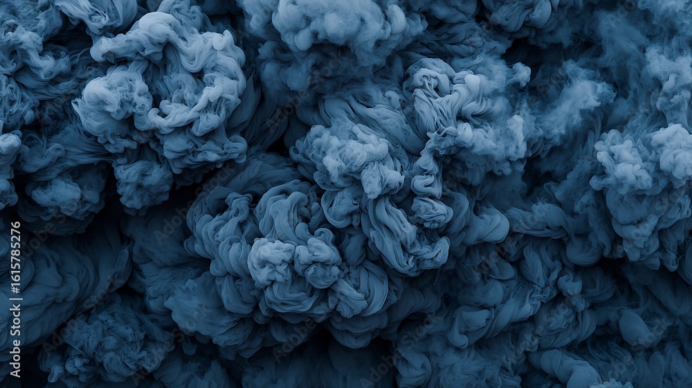 Poster a swirling, intricate pattern of dark blue smoke or ink creating a textured, abstract cloud formatio