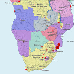 Colorful location map with red stick pin at Maputo, Mozambique, Africa and the surrounding area