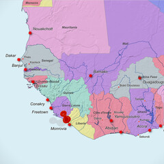 Colorful location map with red stick pin at Monrovia, Liberia, Africa and the surrounding area