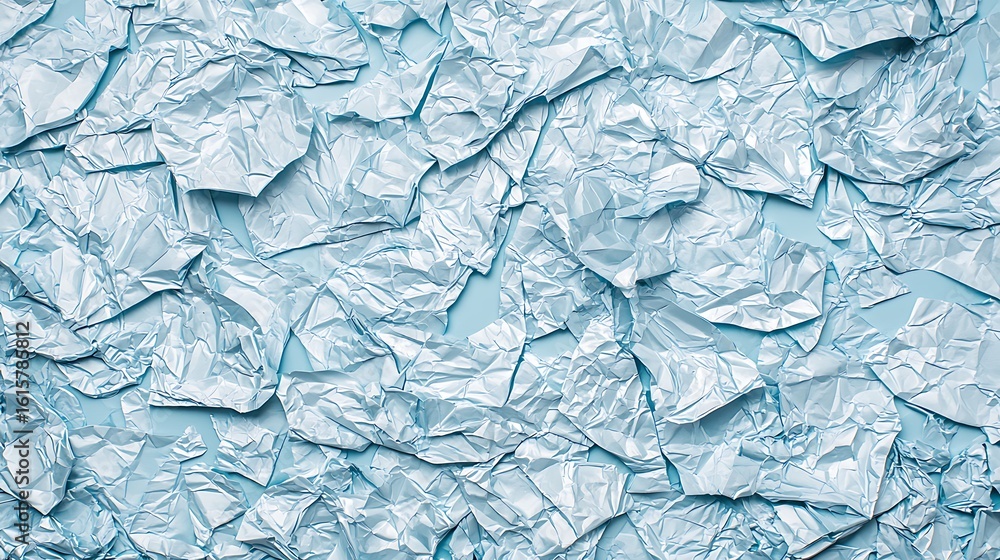 Poster light blue crumpled paper texture with varying folds and creases forming a complex abstract backgrou