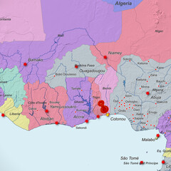 Fototapeta premium Colorful location map with red stick pin at Cotonou, Benin, Africa and the surrounding area