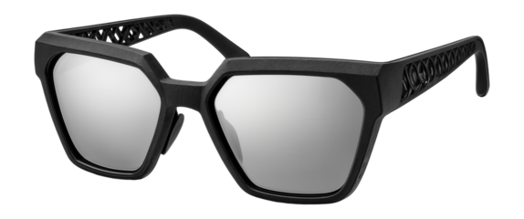 Futuristic 3D-printed sunglasses with angular frames and mirrored lenses