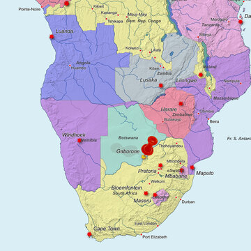 Colorful location map with red stick pin at Gaborone, Botswana, Africa and the surrounding area