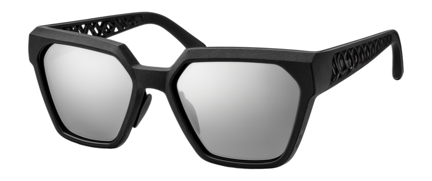Futuristic 3D-printed sunglasses with angular frames and mirrored lenses