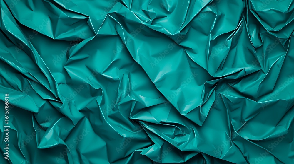 Poster crumpled teal fabric or paper creating a textured abstract surface with folds and shadows.