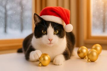 Cute Cat with Santa Hat and Christmas Ornaments