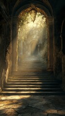 Fototapeta premium Stairway Leading to Sunlight Through Archway in Old Stone Building