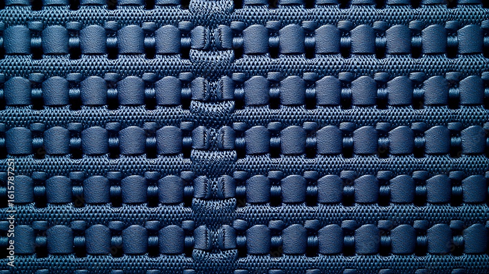 Poster close-up image of a textured blue fabric with interwoven patterns highlighting the detailed weave an